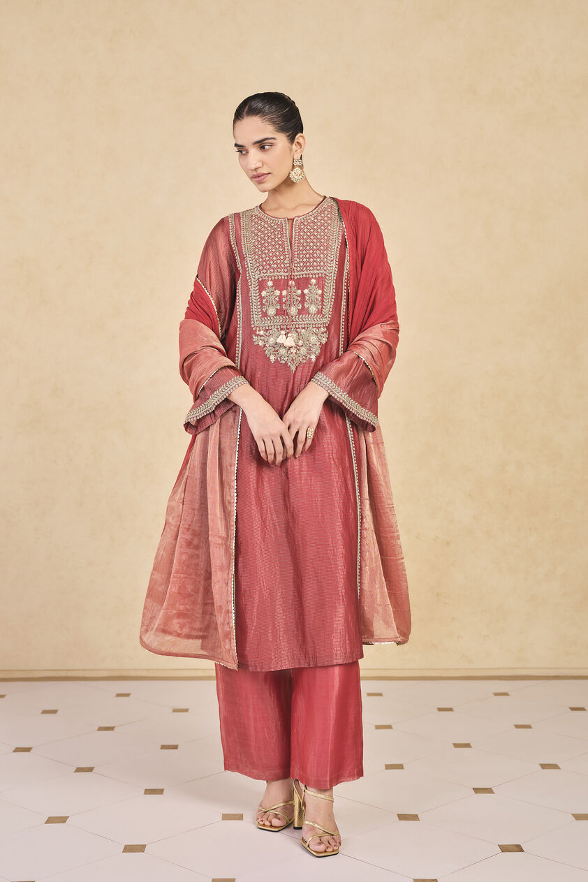 Avimukta Embroidered Zardozi Mul Suit Set - Red, Red, image 1